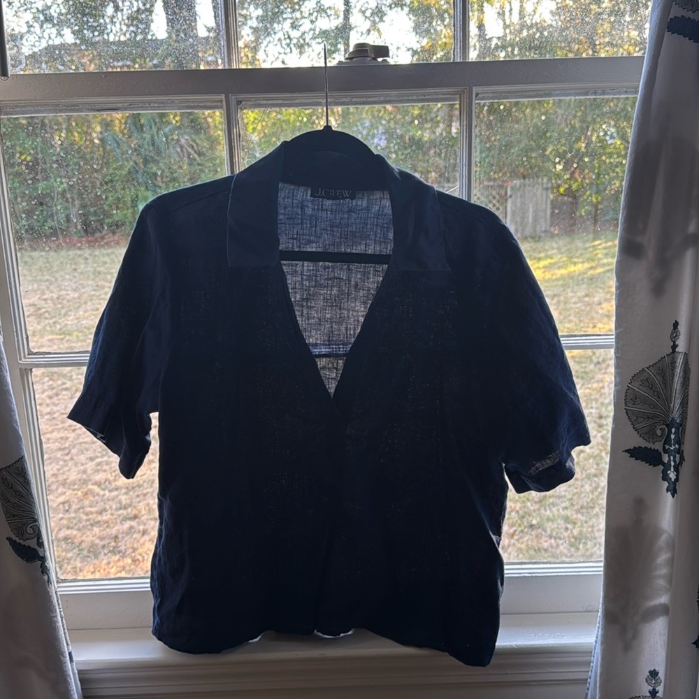 J Crew collared v-neck navy linen top